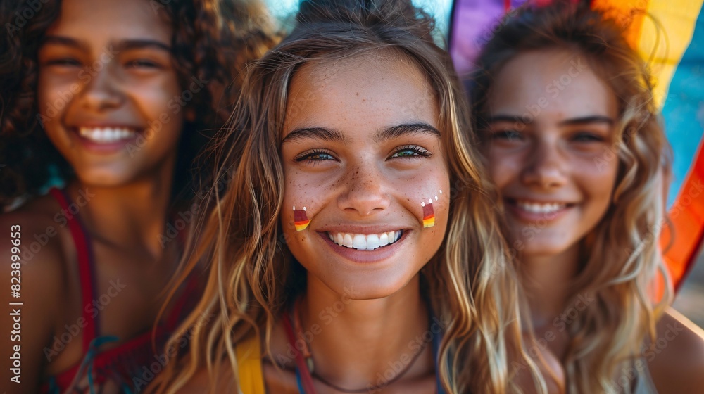 Ultra-realistic group photo of teens at golden hour, celebrating Pride Month with colorful flags and smiles Ultra-realistic group photo of teens at golden hour, celebrating Pride Month with colorful flags and smiles