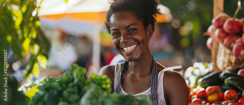 Smiling Woman at Farmers Market with Fresh Vegetables