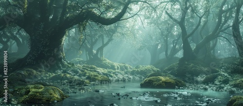 Ancient Mystery A D Rendered Misty Forest of MossCovered Trees