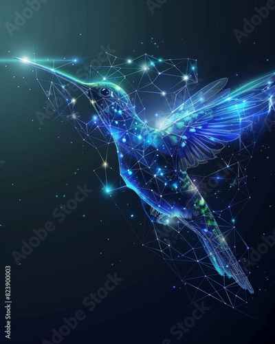 Hummingbird colibri flying bird from futuristic polygonal blue lines and glowing stars