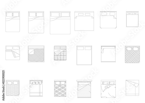 bed furniture icon interior plan view top set vector. architecture house line home outline apartment collection isolated layout design project blueprint.