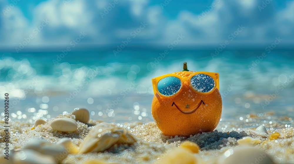 Naklejka premium Citrus Chill: An Orange Rocking Sunglasses on a Sunny Beach