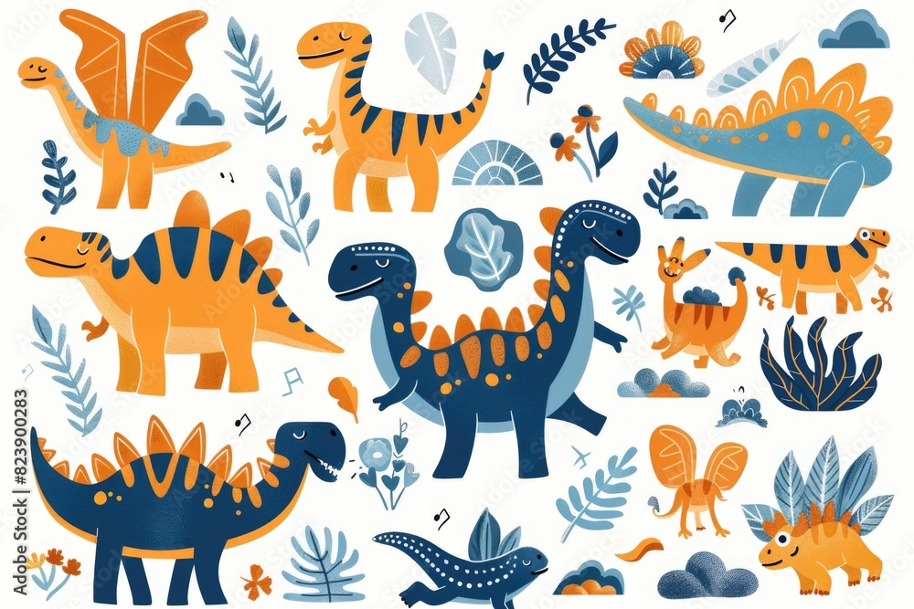 Obraz premium Colorful cartoon dinosaurs and plants, perfect for children's books or educational materials
