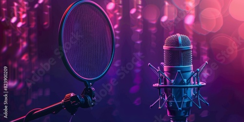 Microphone with waveform on purple background, podcast banner concept 