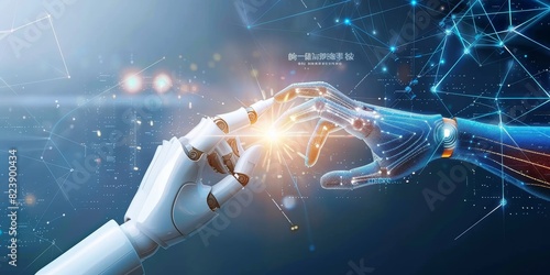  AI, Machine learning, Hands of robot and human touching big data of Global network connection,  #823900434
