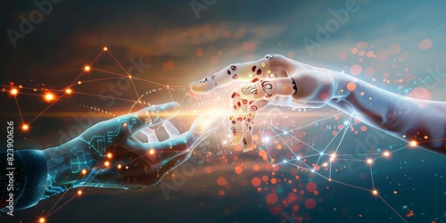  AI, Machine learning, Hands of robot and human touching big data of Global network connection, 