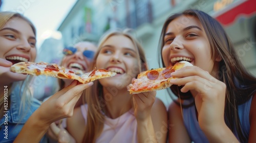 Young women enjoying pizza together. Perfect for food and friendship concepts