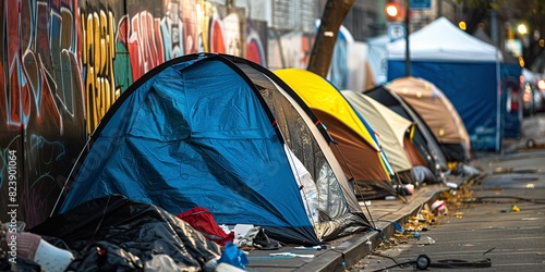 City homeless tents, poor people 