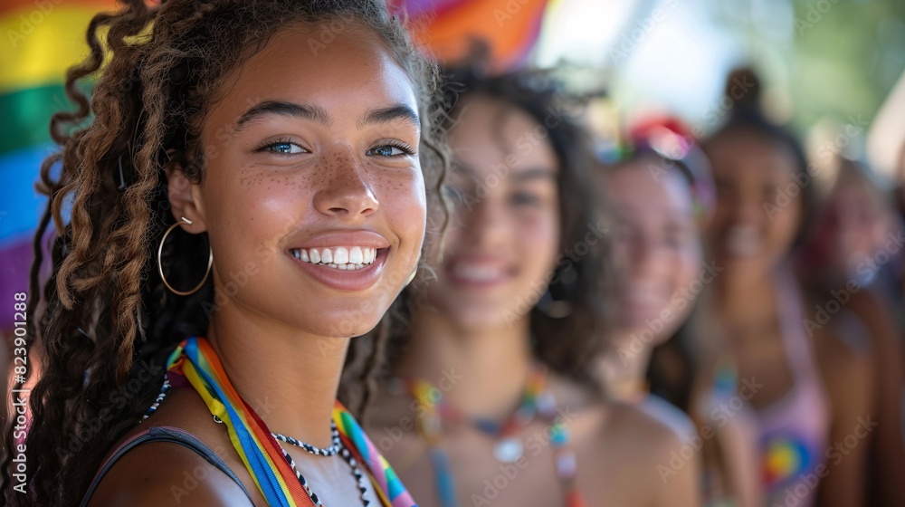 Full-body group photo of teens celebrating Pride Month with bright flags and smiles, showing diversity Full-body group photo of teens celebrating Pride Month with bright flags and smiles, showing diversity