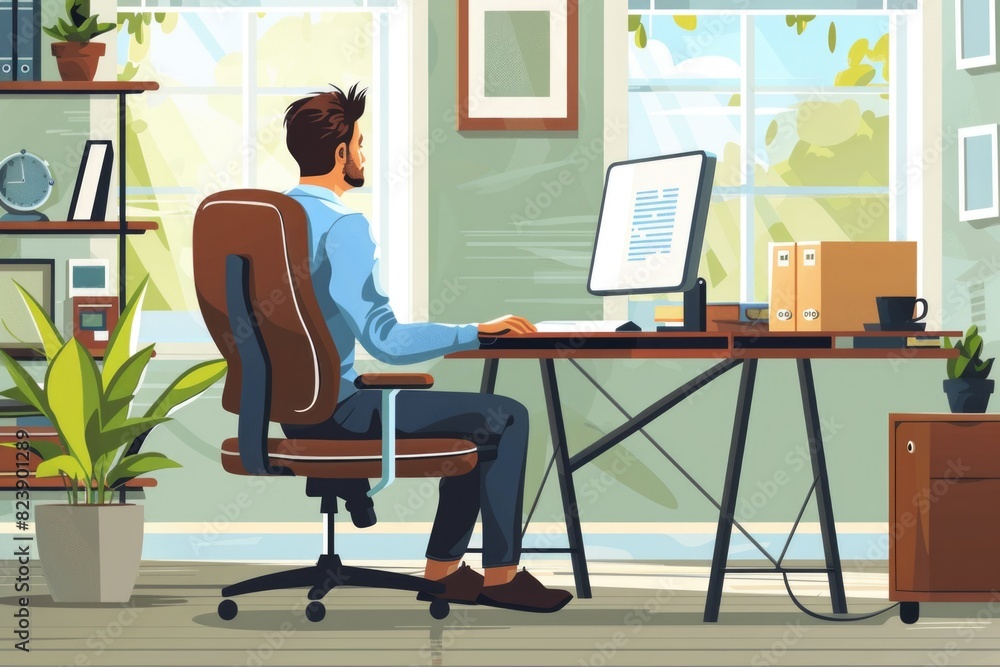 A man sitting at a desk working on a computer. Suitable for business and technology concepts A man sitting at a desk working on a computer. Suitable for business and technology concepts