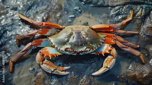 A crab sitting on a rock in the water. Suitable for marine-themed designs