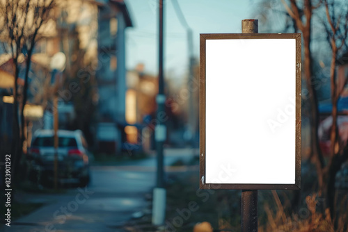 Wooden frame with blank white board street-side photo