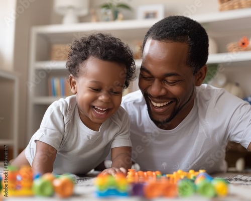 A father and his young son laugh together while playing on the floor.