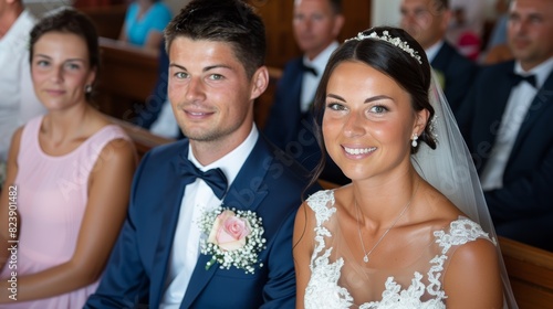 A beautiful wedding ceremony capturing the joyous bride in an elegant white gown and groom in a navy blue suit with a rose boutonni?re surrounded by family and friends
