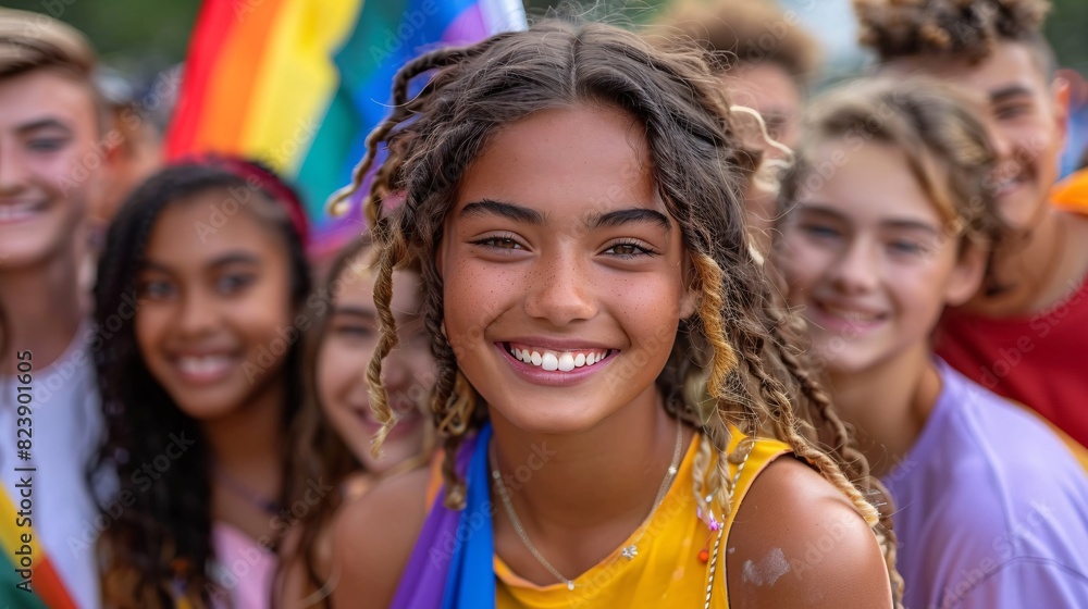 Full-body group photo of teens celebrating Pride Month with bright flags and smiles, showing diversity