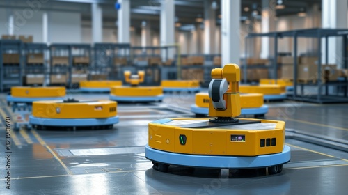 An autonomous robot equipped with a mechanical arm operating efficiently in a modern, high-tech warehouse. © Zhanna