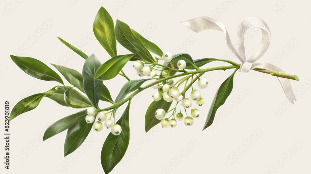 A branch with white flowers and green leaves. Suitable for nature and spring-themed designs A branch with white flowers and green leaves. Suitable for nature and spring-themed designs