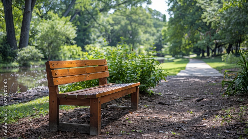 A picturesque wooden bench located along a serene and lush park pathway, surrounded by flourishing greenery near a peaceful water body on a sunny day A picturesque wooden bench located along a serene and lush park pathway, surrounded by flourishing greenery near a peaceful water body on a sunny day