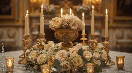 An elegant and luxurious table centerpiece featuring ornate golden candle holders, surrounded by a lush arrangement of white roses for a grand celebration
