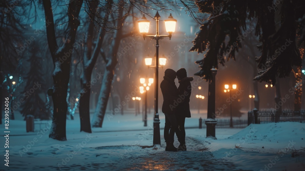 A couple standing together under a street light. Suitable for various concepts and designs A couple standing together under a street light. Suitable for various concepts and designs