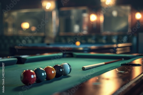 A pool table with various colored balls and cues. Suitable for sports and recreation concepts photo