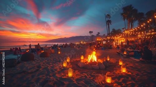 Group of People by Beach Fire Pit