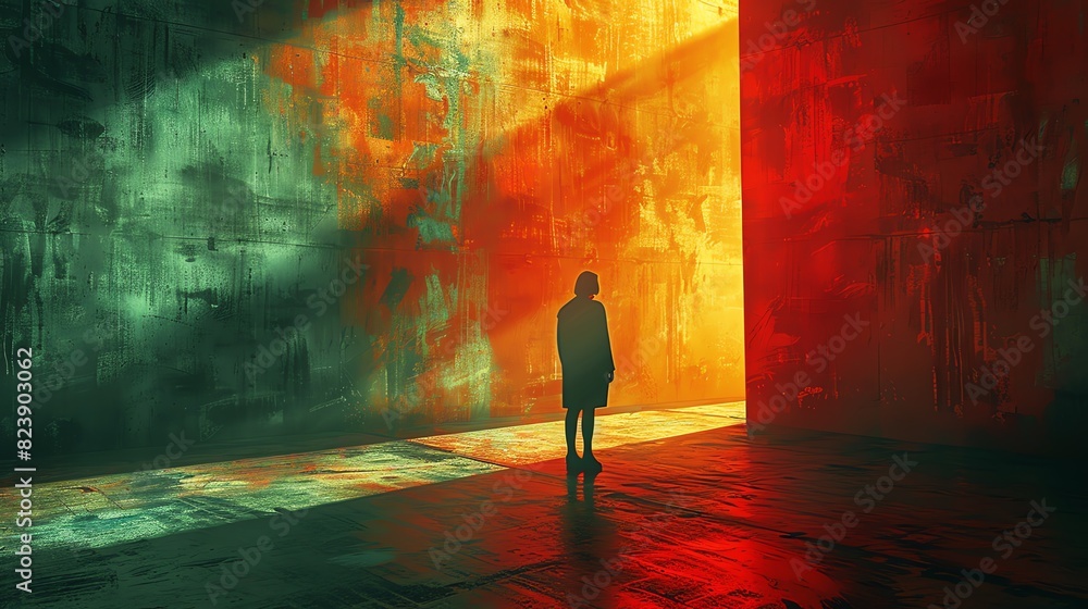 A lone figure stands in a surreal, colorful corridor bathed in warm light. The walls are textured and abstract, creating an enigmatic atmosphere. A lone figure stands in a surreal, colorful corridor bathed in warm light. The walls are textured and abstract, creating an enigmatic atmosphere.