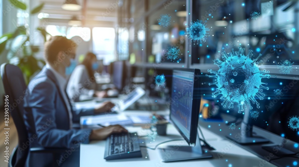 A computer monitor shows a virus on a desk with a woman sitting at the desk A computer monitor shows a virus on a desk with a woman sitting at the desk