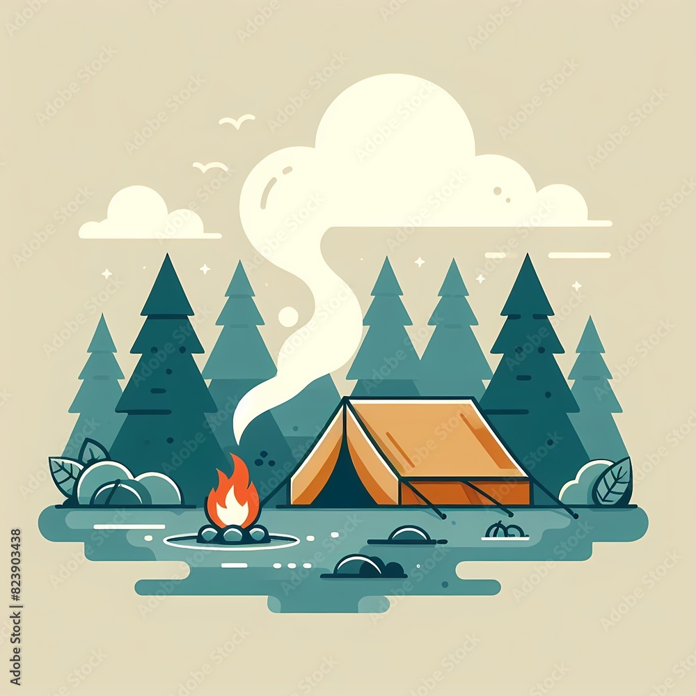 Cozy Camping Scene with Tent and Campfire in Forest Cozy Camping Scene with Tent and Campfire in Forest