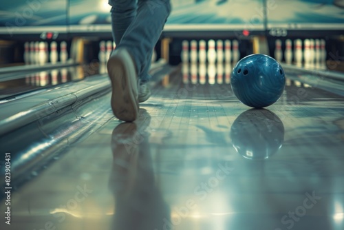 Blue bowling ball on a bowling alley  suitable for sports and leisure concepts