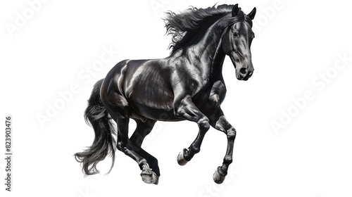 A majestic black horse galloping against a clean white backdrop. Ideal for equestrian and animal-themed designs