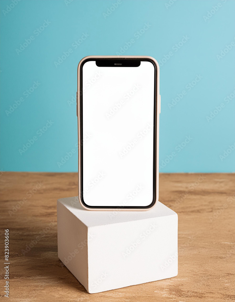 Mobile phone on cube podium for display of app - Mockup Mobile phone on cube podium for display of app - Mockup