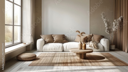A living room with a white couch, a coffee table, and a rug