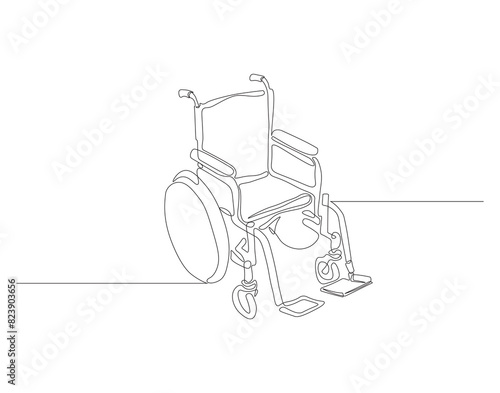 Continuous one line drawing of wheelchair for disabled people . One line drawing illustration of wheelchair. Medical aids concept continuous line art. Editable outline.