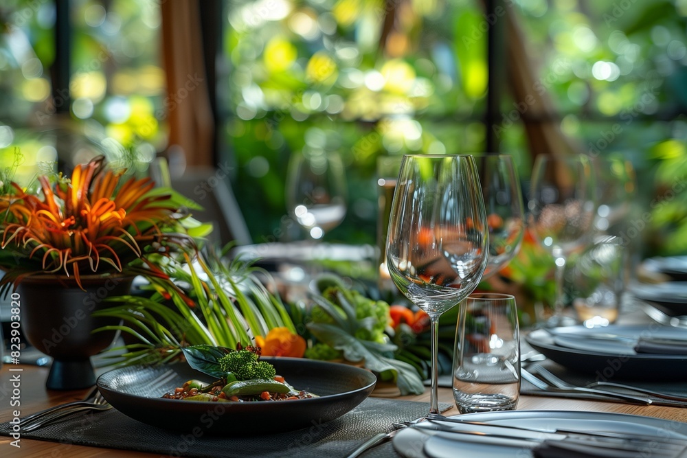 An exclusive Earth Day fine dining event in a lush, green conservatory, where guests are treated to a fusion of culinary An exclusive Earth Day fine dining event in a lush, green conservatory, where guests are treated to a fusion of culinary