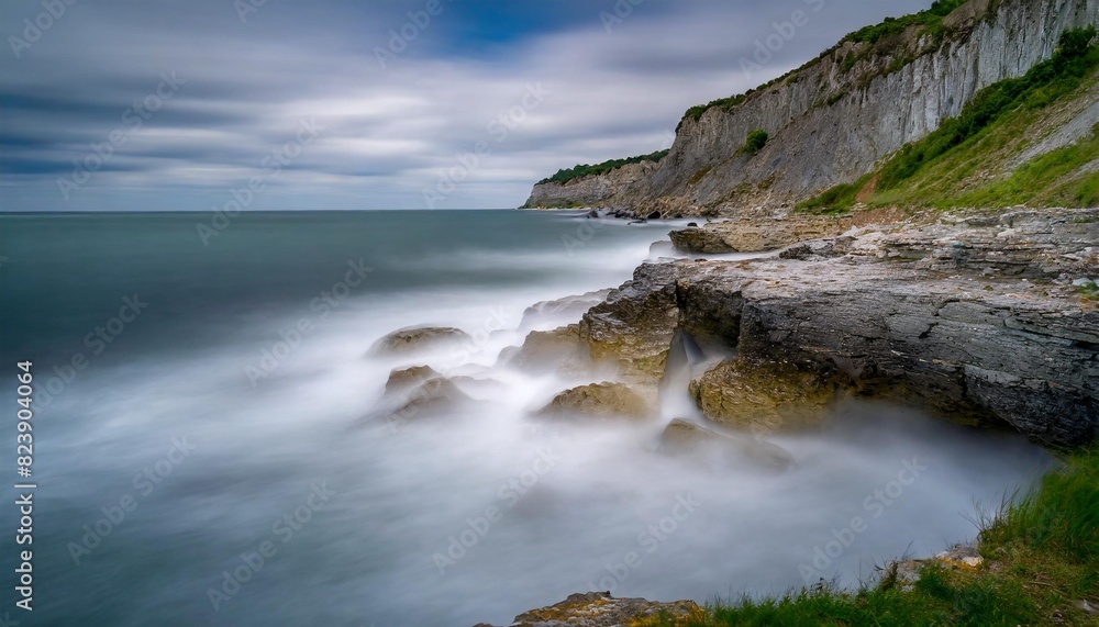Coastal cliffs with waves crashing against the rocky shore.