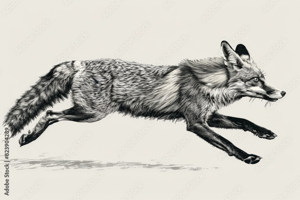 A detailed black and white drawing of a fox, suitable for various design projects A detailed black and white drawing of a fox, suitable for various design projects