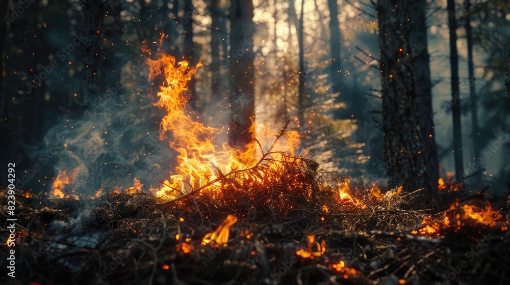 A fire burning in the middle of a forest. Suitable for environmental or disaster concepts A fire burning in the middle of a forest. Suitable for environmental or disaster concepts