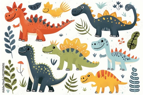 A group of dinosaurs standing in a grassy field. Suitable for educational materials or dinosaur enthusiasts