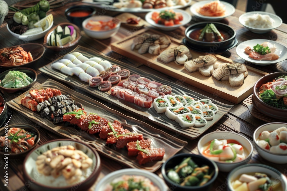 A table showcasing a diverse selection of food items, perfect for food blogs or restaurant menus A table showcasing a diverse selection of food items, perfect for food blogs or restaurant menus