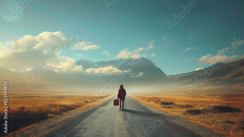 A traveller with a suitcase stands on empty road  facing distant mountains  wide open sky  sense of freedom  new adventures