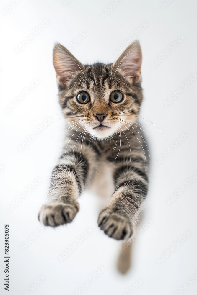 A kitten is jumping in the air and looking at the camera