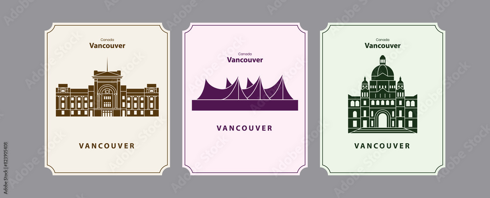 Naklejka premium Vancouver, Canada, architecture landmarks silhouette posters set