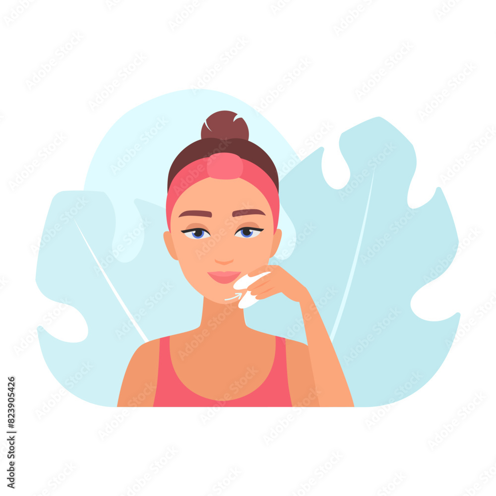 Woman facial skin care, young lady massaging chin using gua sha vector illustration Woman facial skin care, young lady massaging chin using gua sha vector illustration