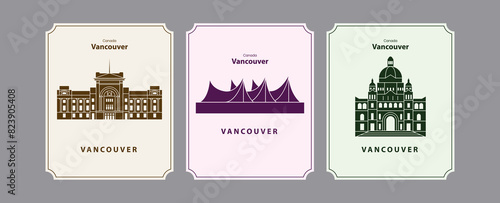 Vancouver, Canada, architecture landmarks silhouette posters set