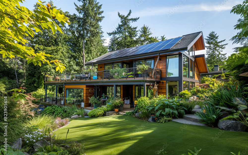 Sustainable home with solar panels amidst lush greenery