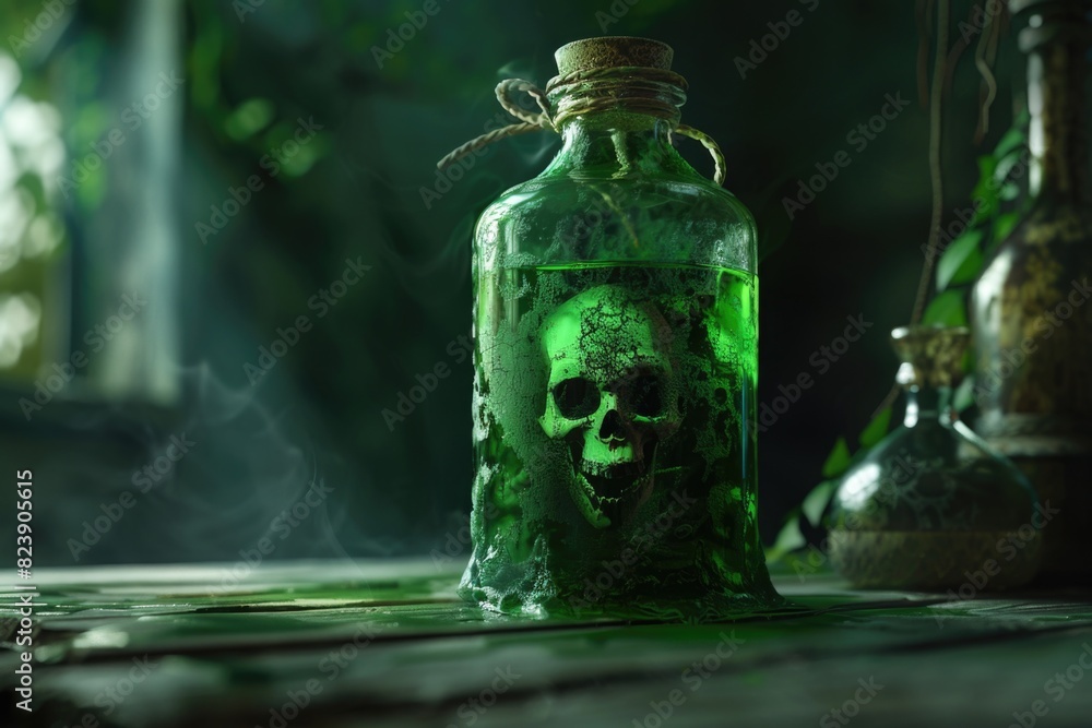 A green bottle with a skull inside, suitable for Halloween themes A green bottle with a skull inside, suitable for Halloween themes