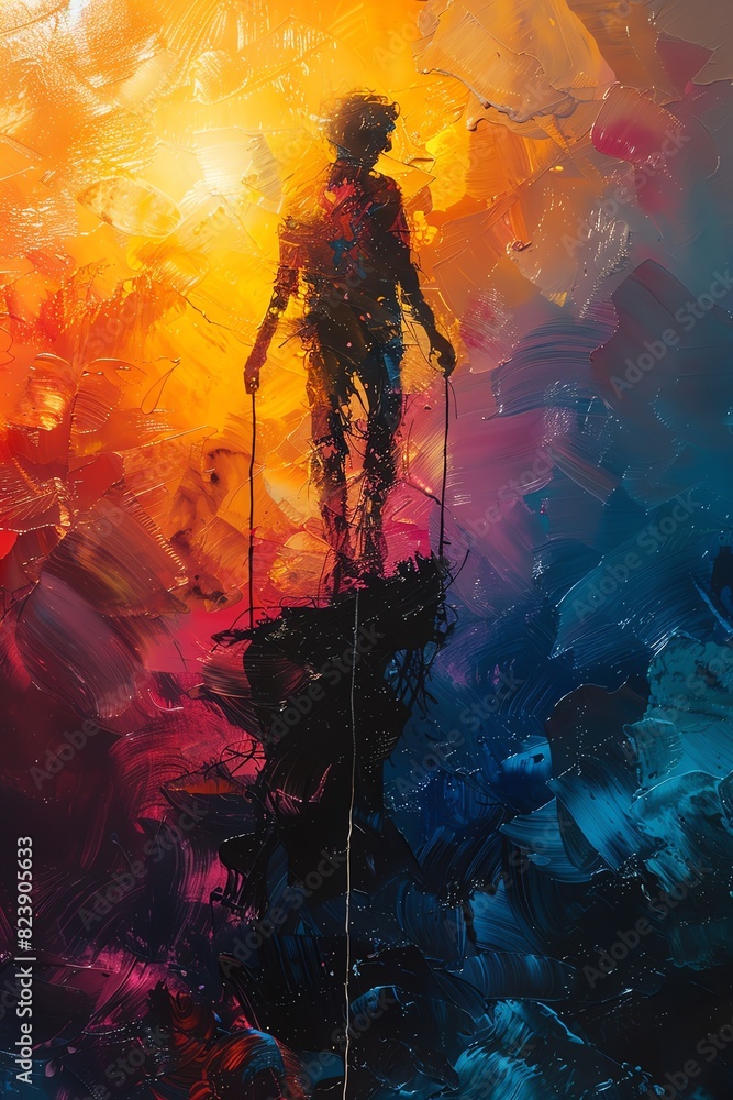 Abstract painting of a silhouette figure standing on a cliff, with vibrant colors swirling around them. Abstract painting of a silhouette figure standing on a cliff, with vibrant colors swirling around them.