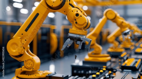 A close-up view of a yellow robotic arm operating in a busy industrial manufacturing plant  showing sophisticated automation technology.