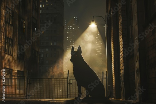 Shadow of a Dog Superhero in City at Night - Conceptual Urban Art for Posters and Cards